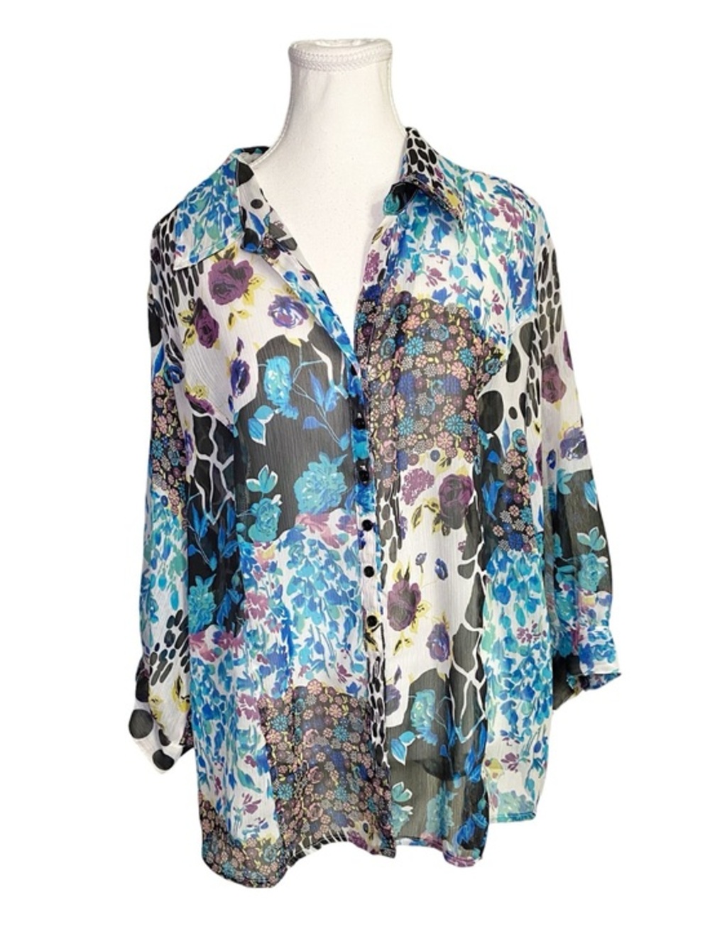 Appàrenza | Sheer Maximalist Mixed Print Button Up Blouse Floral Boho 2X